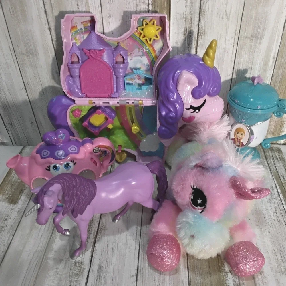 Unicorns Play Tea Set Castle Toy Lot Princess Fairy Magic Rainbow and a plushie