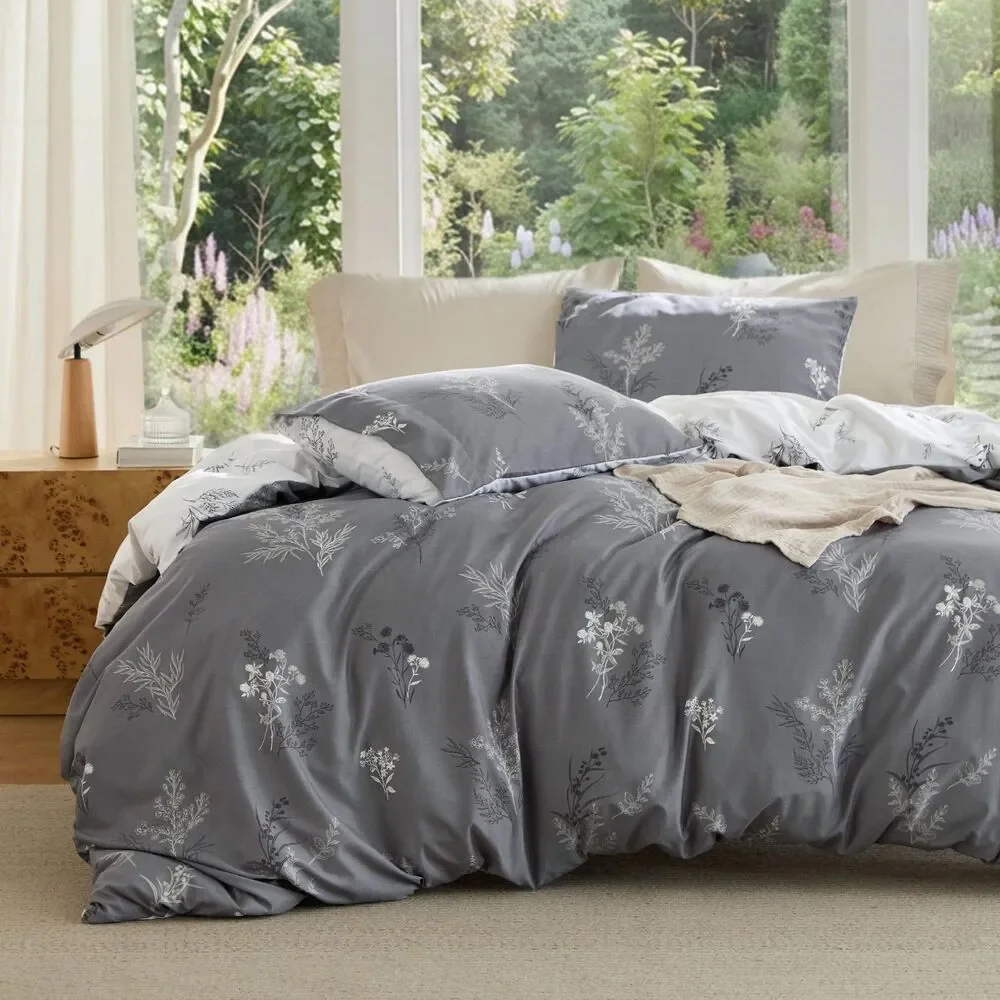 Twin Size Reversible Floral Duvet Cover Set, Cover w/ 8 Corner Ties & Pillowcase