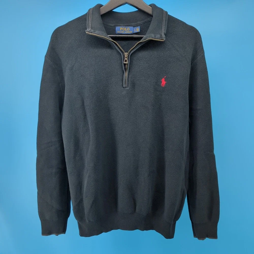 Polo Ralph Lauren Mens Black Pima Cotton Quarter Zip Sweater Large Pony Logo