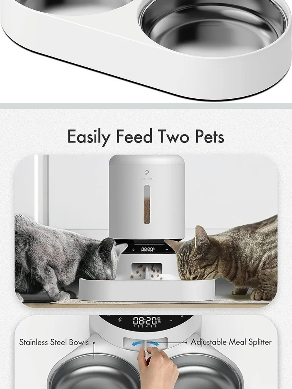 White Double Cat Bowl with Stainless Steel Inserts