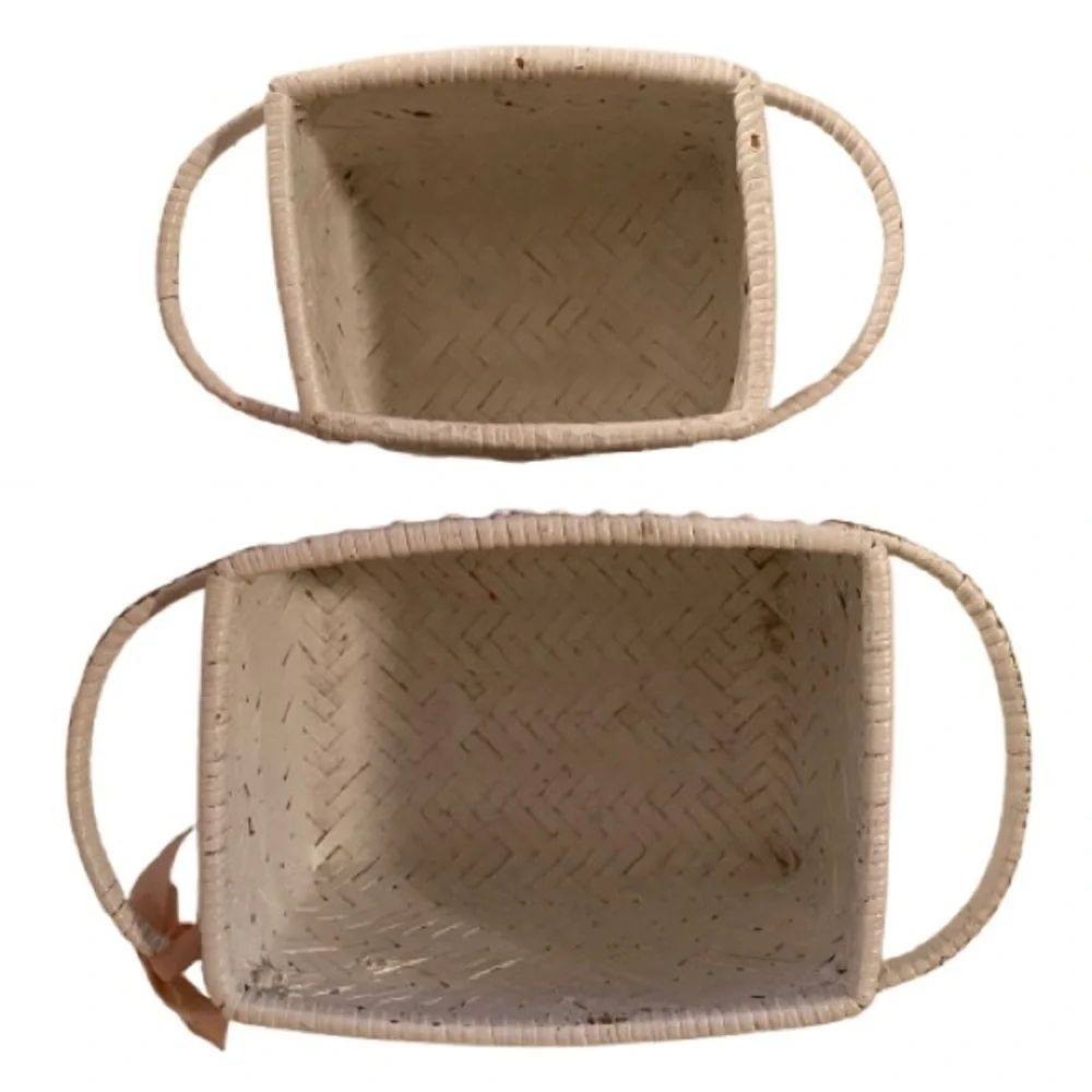 Vintage Set 2 White Wicker Baskets Hand Painted Sturdy Shabby Chic Cottagecore