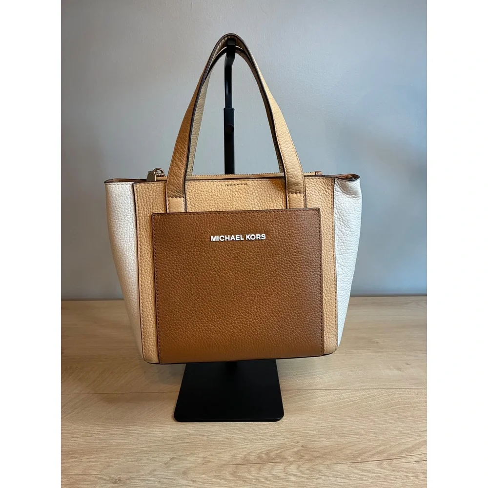 Michael Kors Small Tri-Color Pebbled Leather Satchel Crossbody Bag Tan Brown