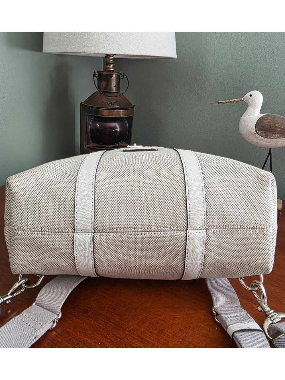 Henri Bendel Jetsetter Convertible Backpack Cream Canvas Leather Bag