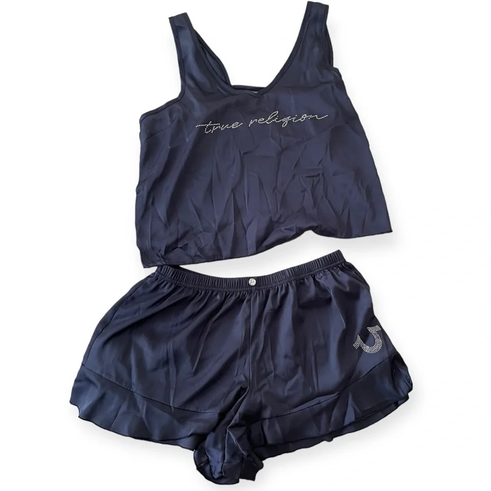 True Religion Crystal satin rhinestone two piece pajama set navy new with tags L