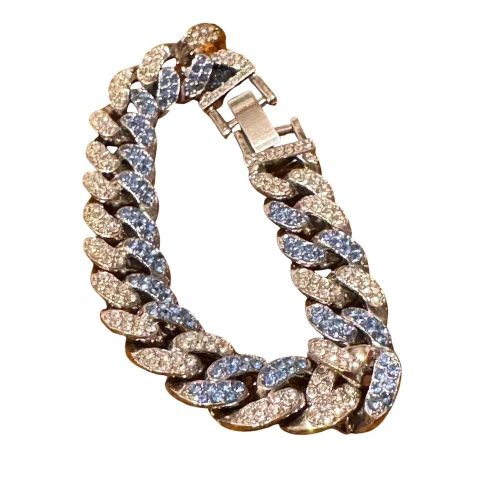 Iced Out Cuban Link Bracelet Silver Tone Blue White Rhinestone Chunky Curb Chain