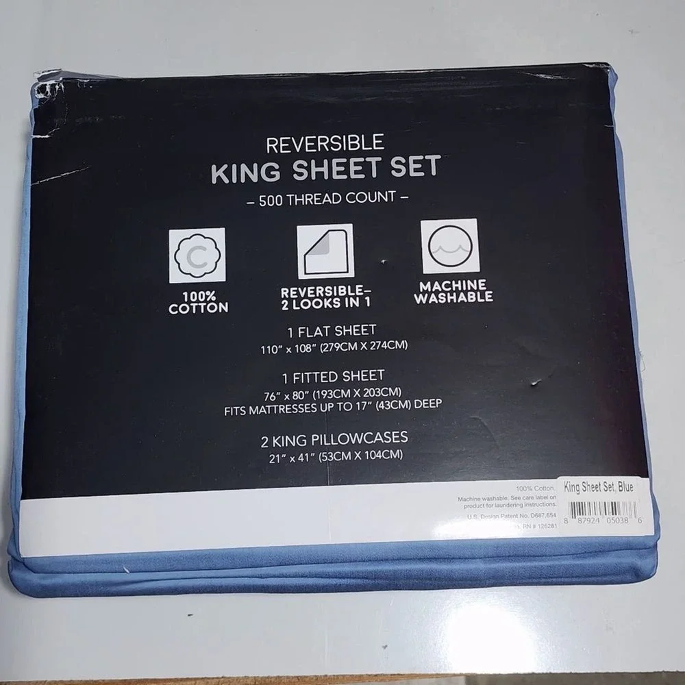 King Size 500 Thread Count Cotton Reversible Blue Sheet Set 4pc Two Looks in One