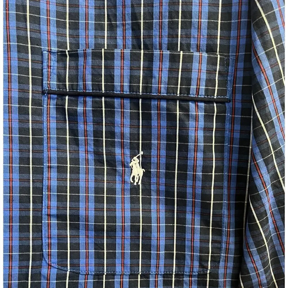 POLO RALPH LAUREN Mens Blue Plaid Long Sleeve Pajama Shirt Top Preppy Lounge Y2K