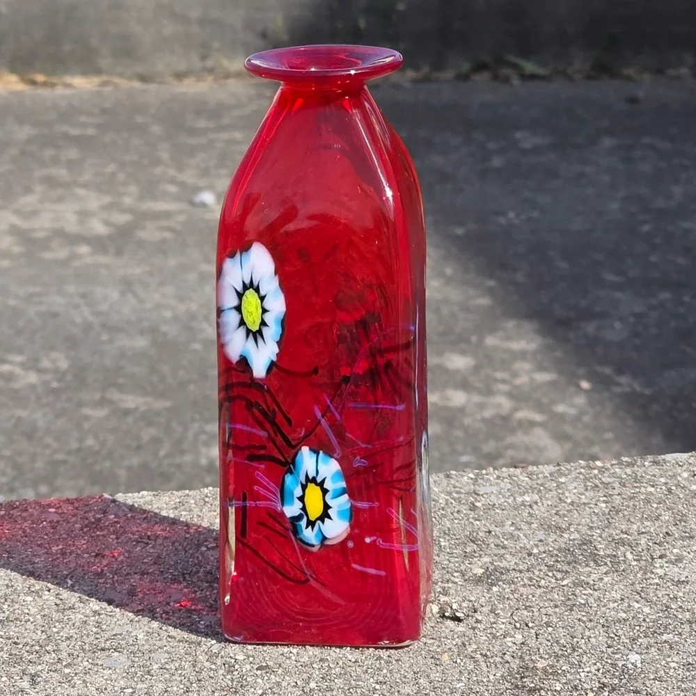 Herb A. Thomas Signed Red Art Glass Millefiori Floral Murrine Bottle Vase 6.5