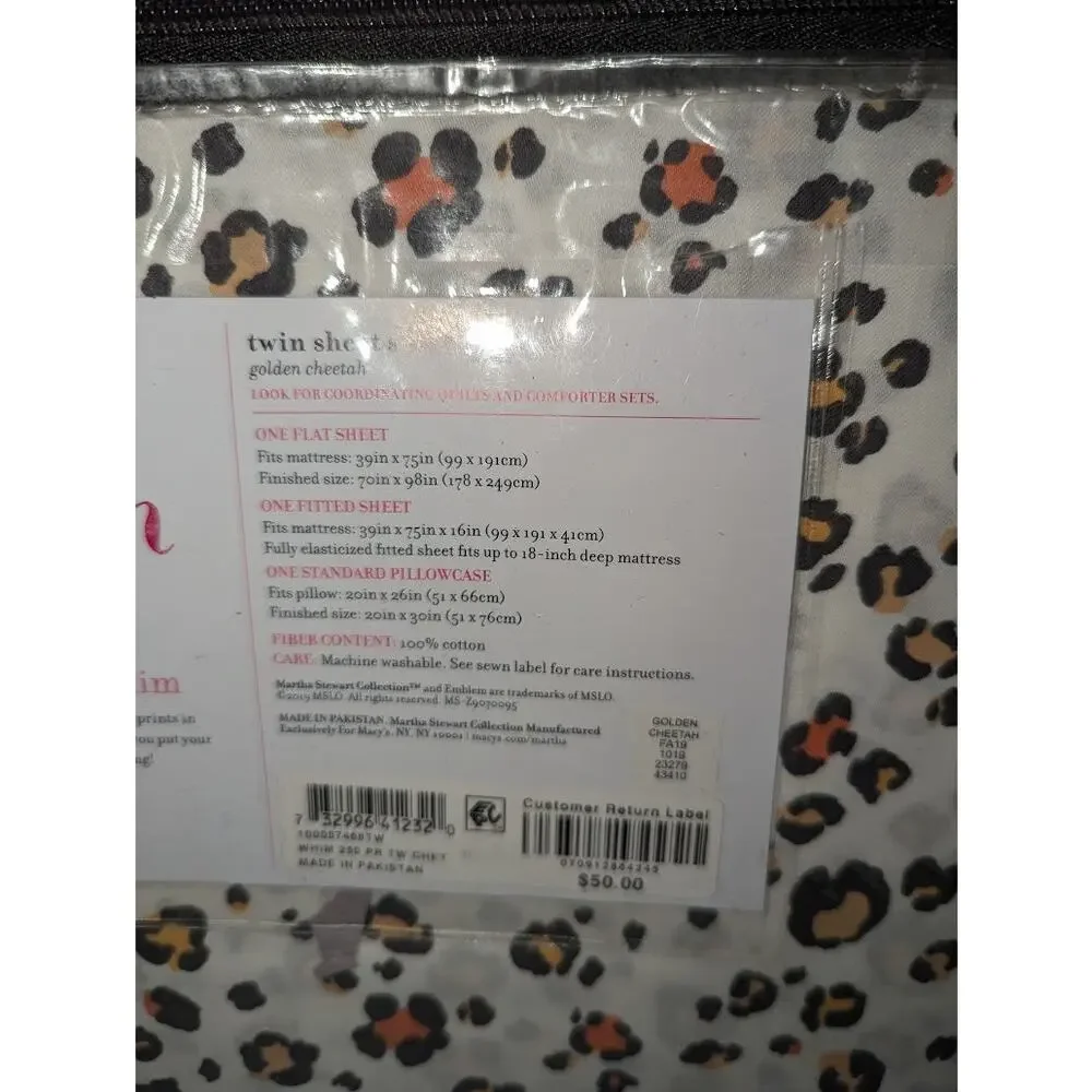 Martha Stewart Collection Whim by Martha Stewart Sheet Set Cheetah Twin NEW