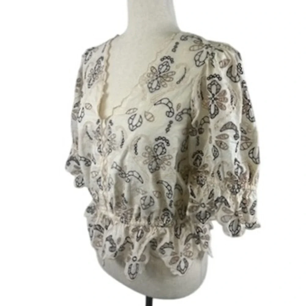 Anthropologie‎ Embroidered Blouse Ivory Floral Peplum V Neck Size Small