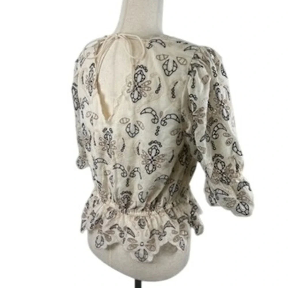 Anthropologie‎ Embroidered Blouse Ivory Floral Peplum V Neck Size Small
