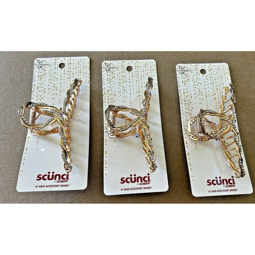 Scunci Claw Clip Crystal Gold Tone Styling Hair Clip Lot of 3 Beautiful 4.5