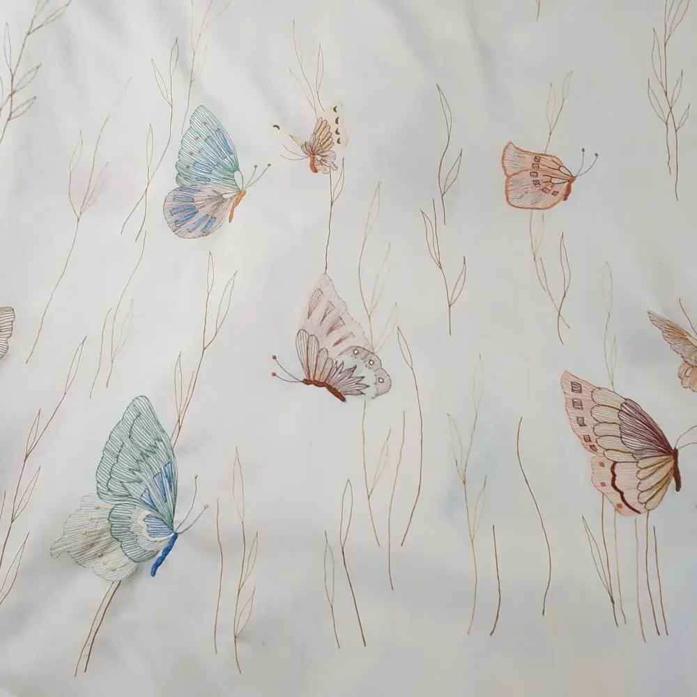 Vintage Butterfly Embroidered Shower Curtain Cream Sheer Mesh Lace 66x70 Cottage