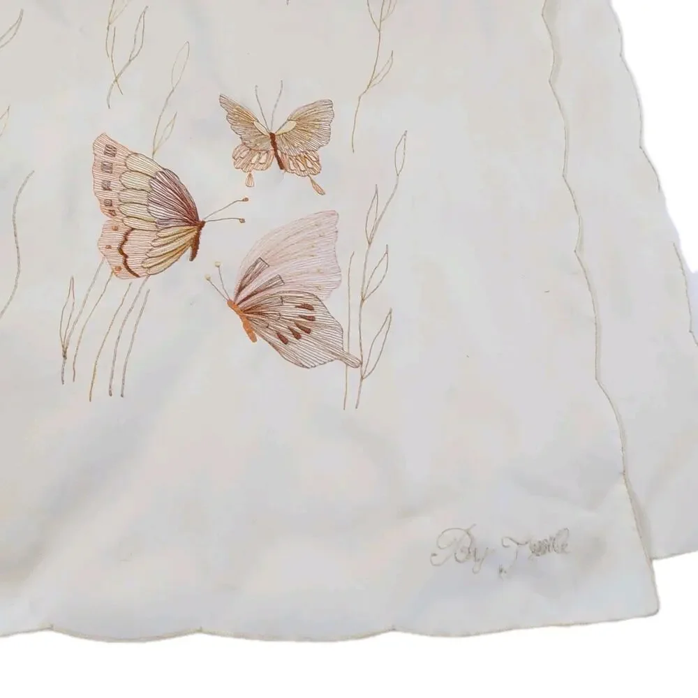 Vintage Butterfly Embroidered Shower Curtain Cream Sheer Mesh Lace 66x70 Cottage