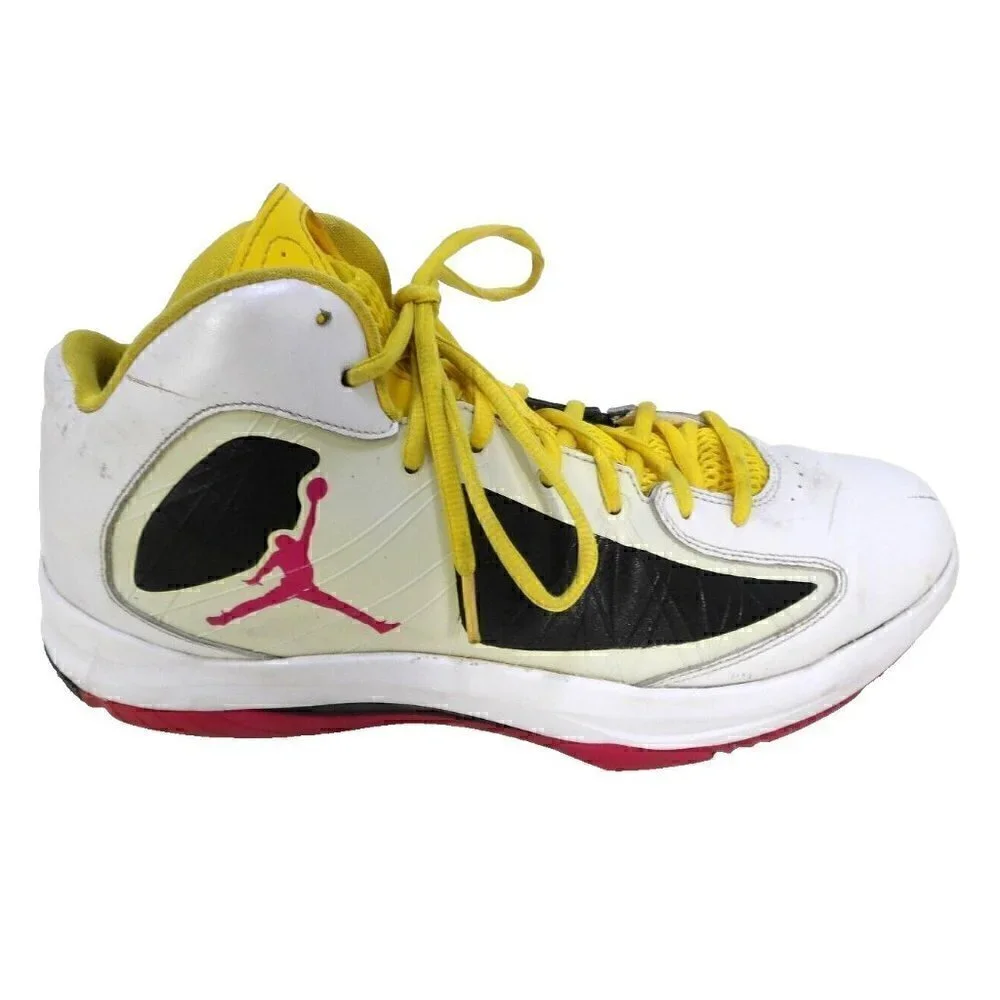 JORDAN Flywire white, red & yellow high top leather sneakers men's size 12