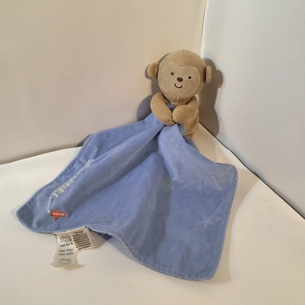 Carter's Blue Brown‎ Monkey Satin Blanket Plush 12