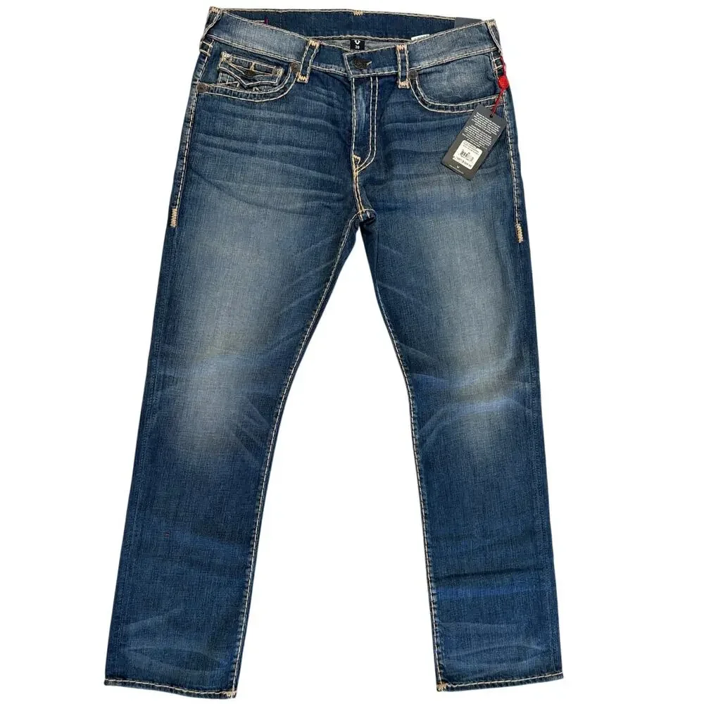 NWT True Religion Ricky straight leg jeans w/ Union Jack Embroidery  Size 38