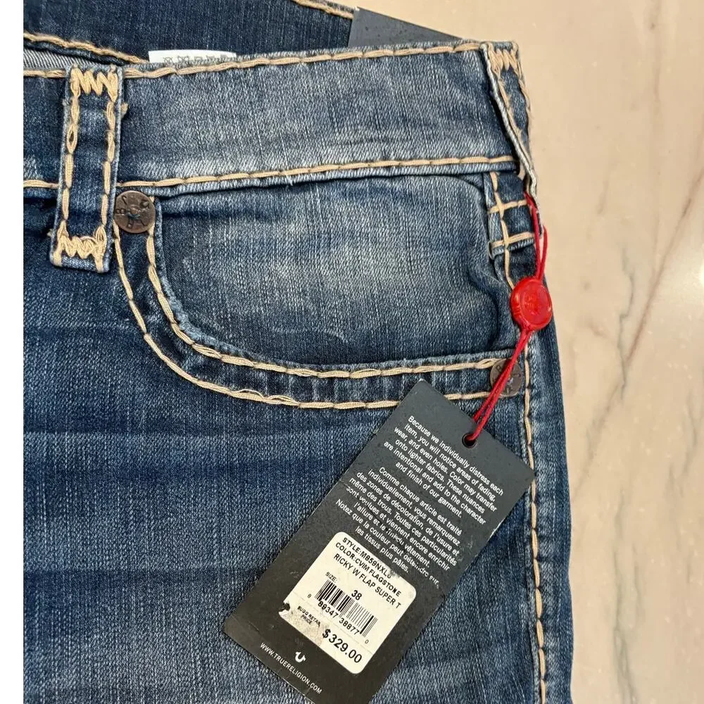 NWT True Religion Ricky straight leg jeans w/ Union Jack Embroidery  Size 38