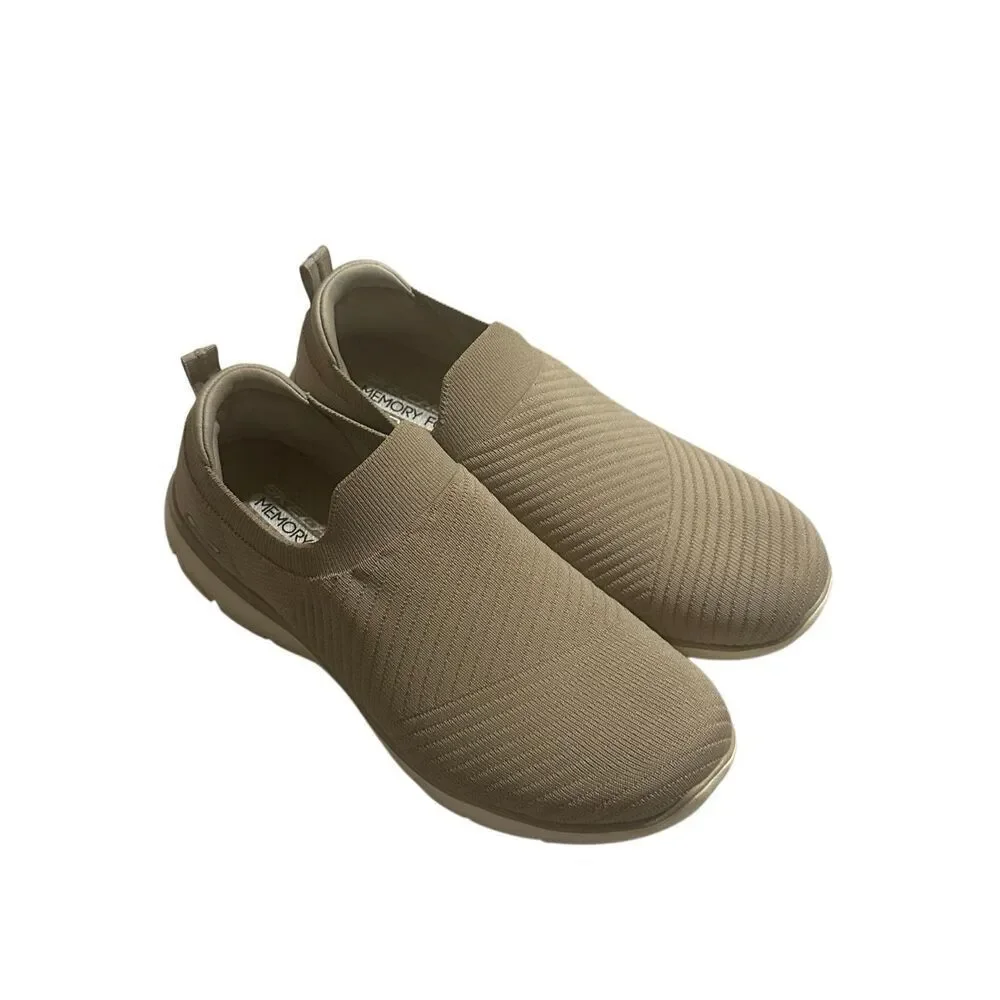 Skechers tan knit slip ons memory foam wide fit sz 8.5