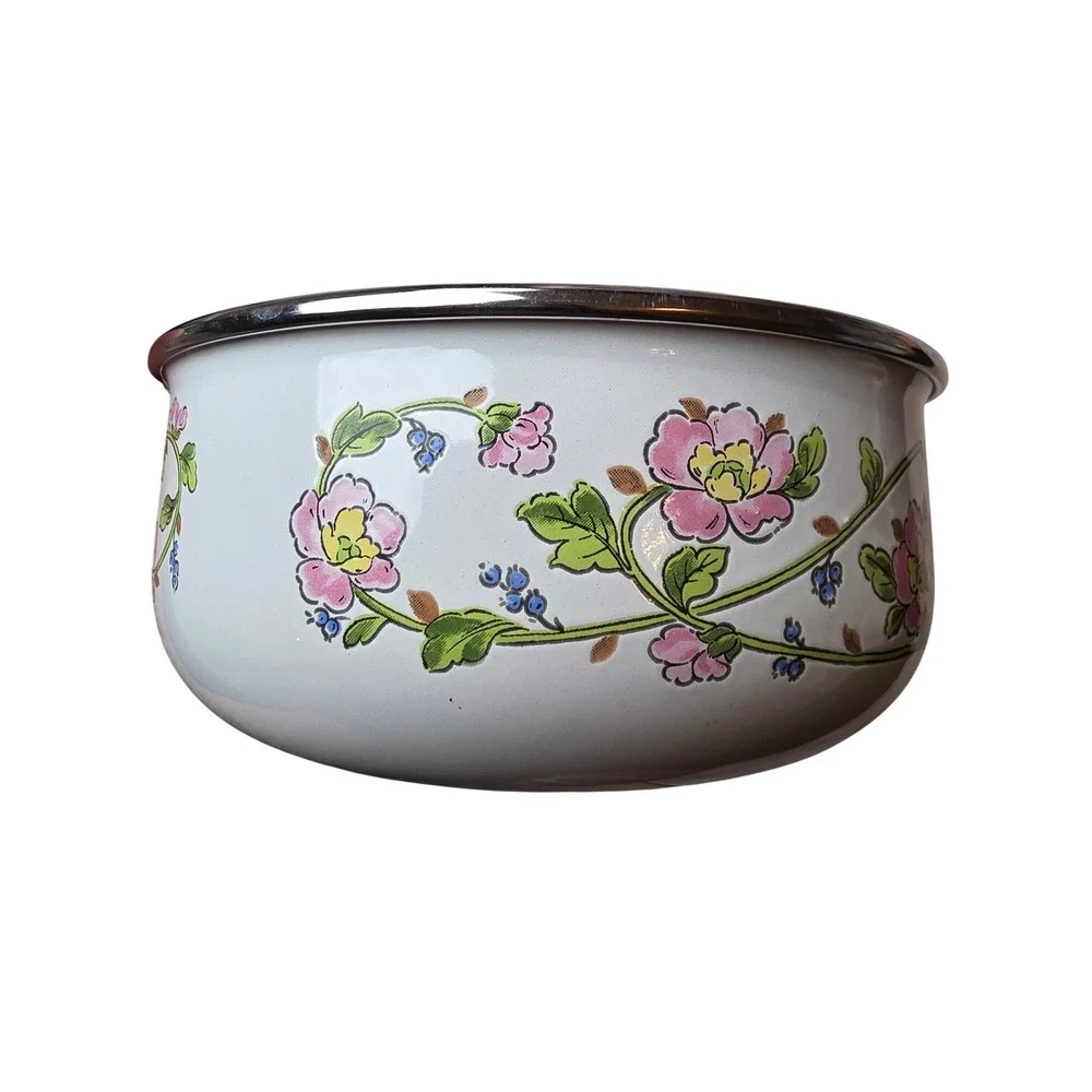 Kobe Kitchen Enamelware Floral Mixing Bowls Set of‎ 2 White Made in Japan 6 G1