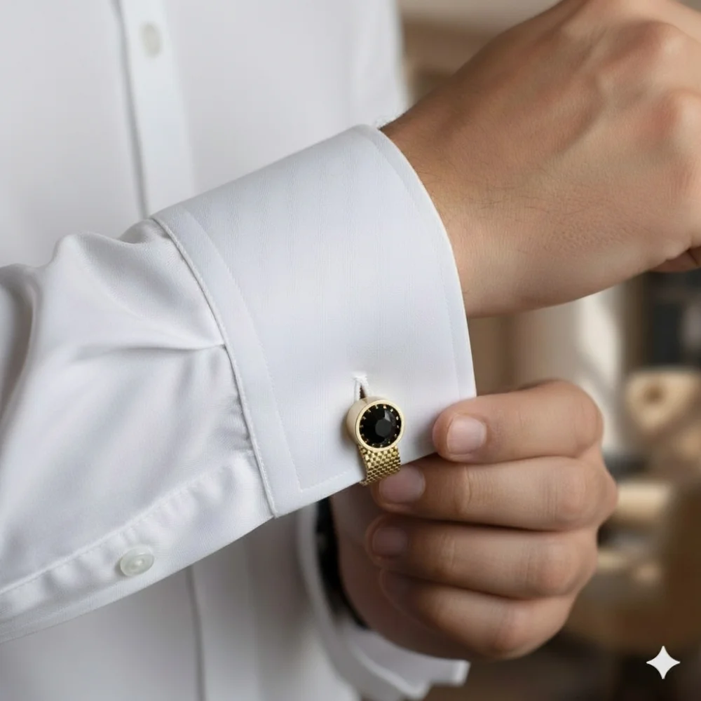 Cufflinks Black Glass Crystal Gold Tone Link Chain Clip Button Prong Set Formal