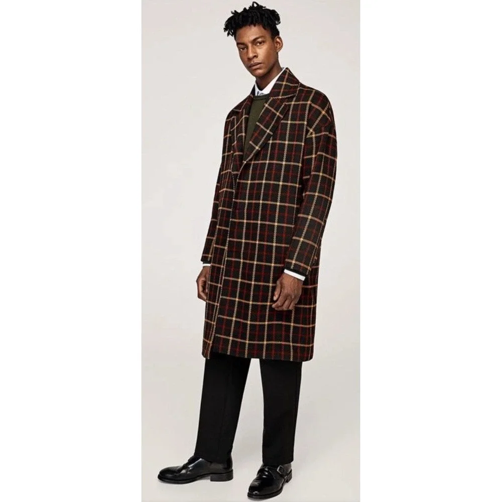 Zara Man Black Red‎ Yellow Wool Plaid Oversized Long Coat Office Modern Size M