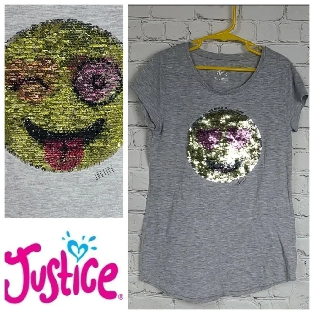 Justice Girls 12 Gray Reverse Sequin Winking Smiley Tee Short Sleeve T-Shirt