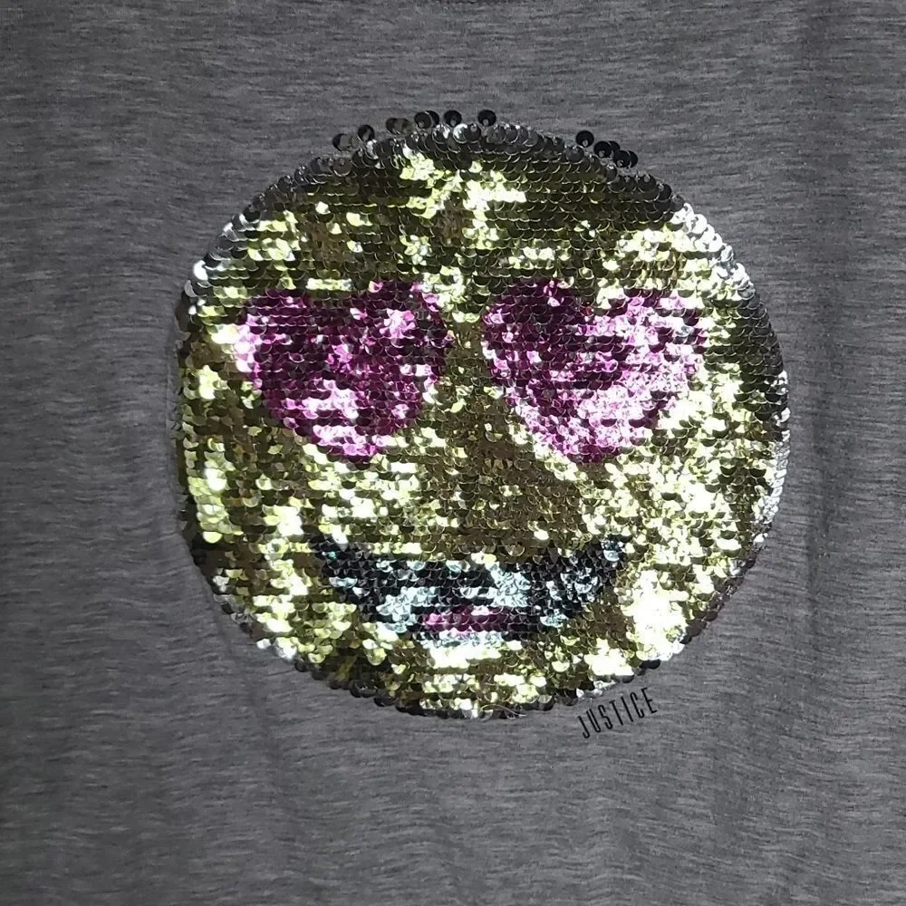 Justice Girls 12 Gray Reverse Sequin Winking Smiley Tee Short Sleeve T-Shirt