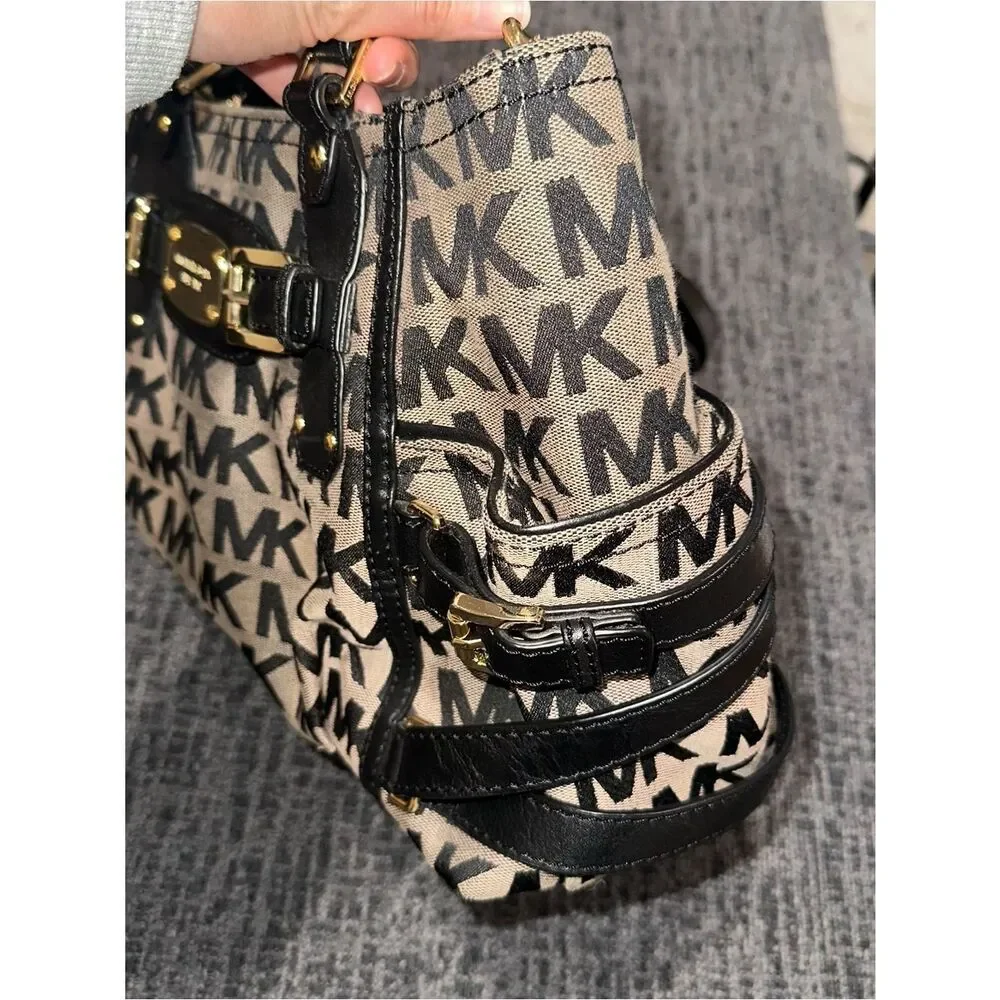 Michael Kors Large Zip Crossbody Bag with Top Handle Black canvas Monogram