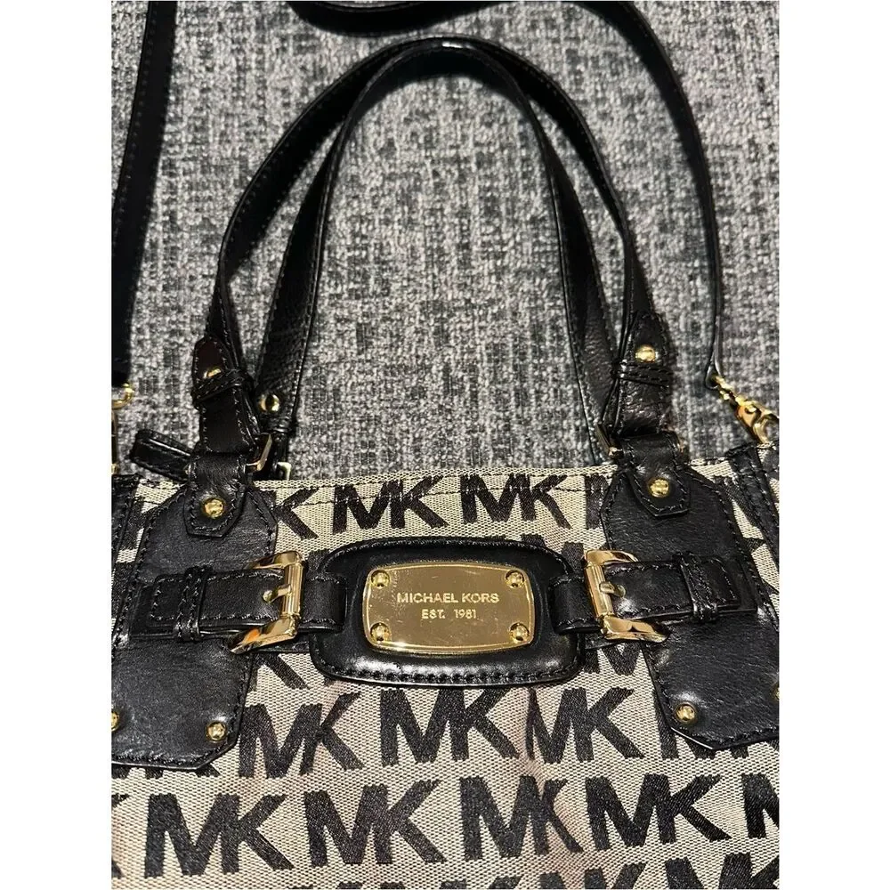Michael Kors Large Zip Crossbody Bag with Top Handle Black canvas Monogram