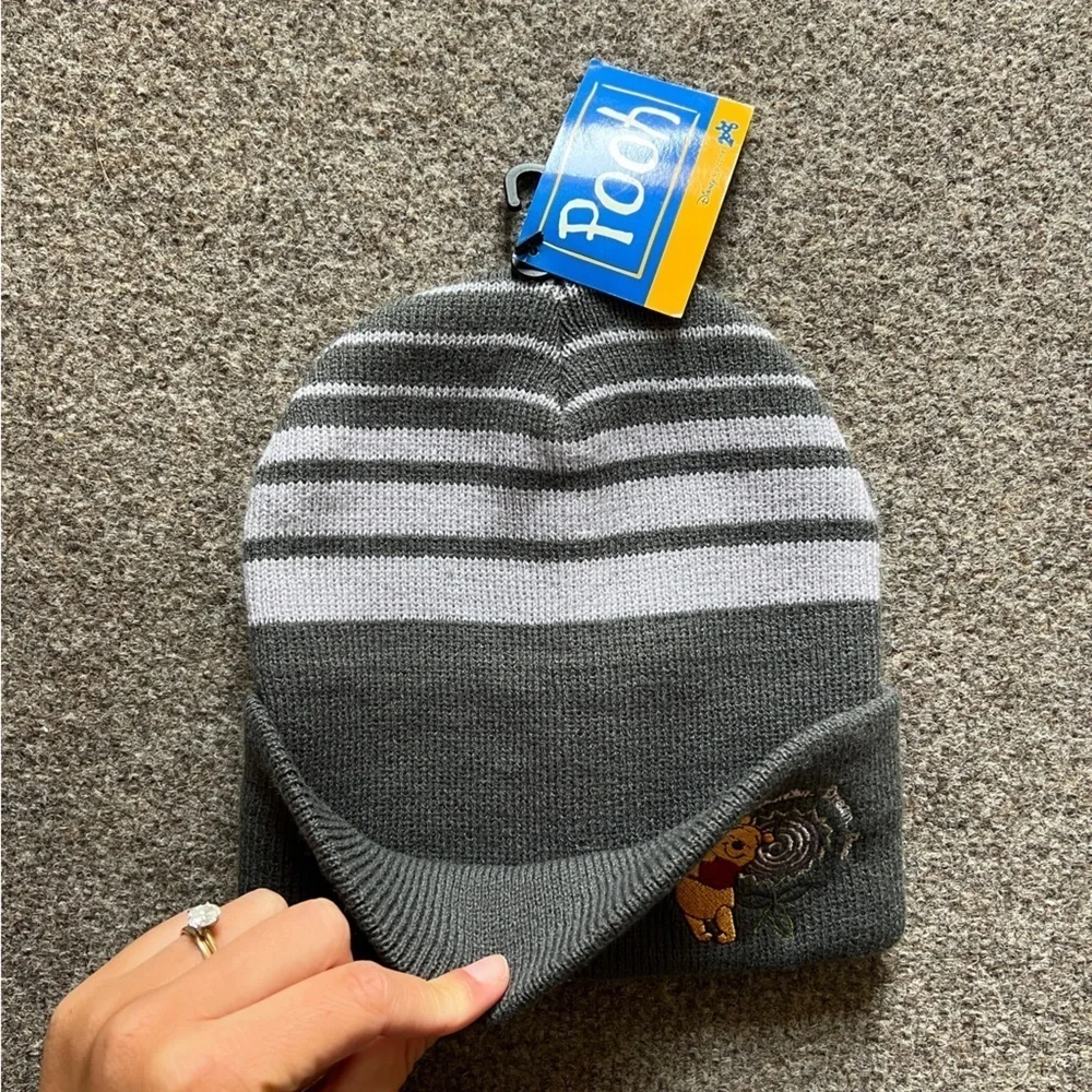 NWT 2000s Vintage Winnie The Pooh Grey Stripe Knit Beanie Embroidered Cuffed Y2K