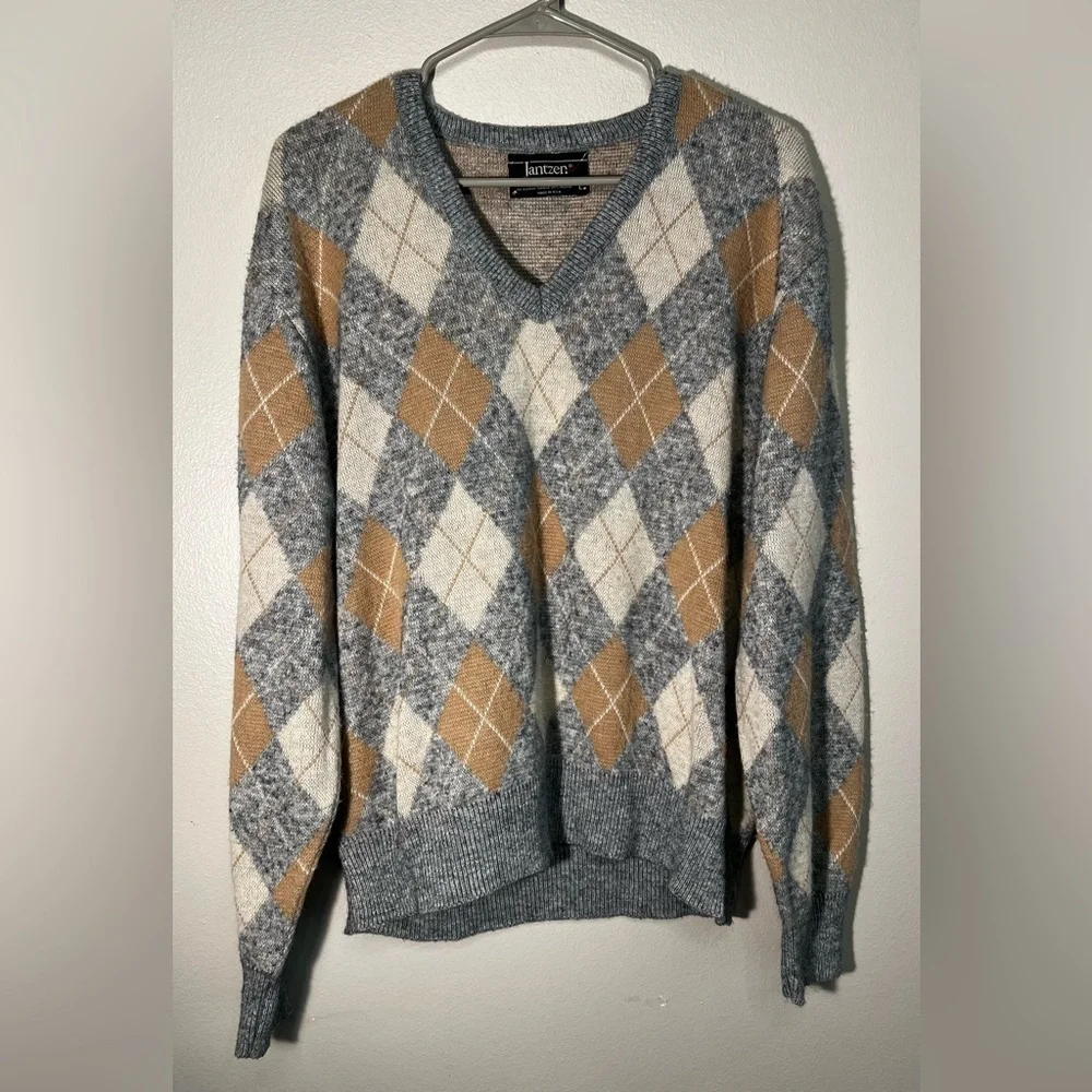 Janzten Mens Size Large Argyle Pullover Grandpa Retro V Neck‎ Sweater VTG