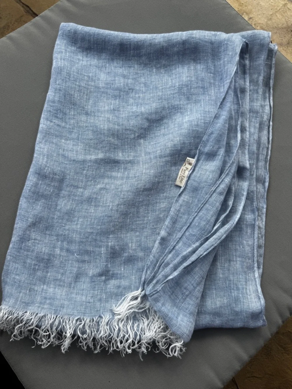 PURO LINO 100% Linen Scarf Italy Pale Blue Wrap Table Runner Fringed 80” x 28“