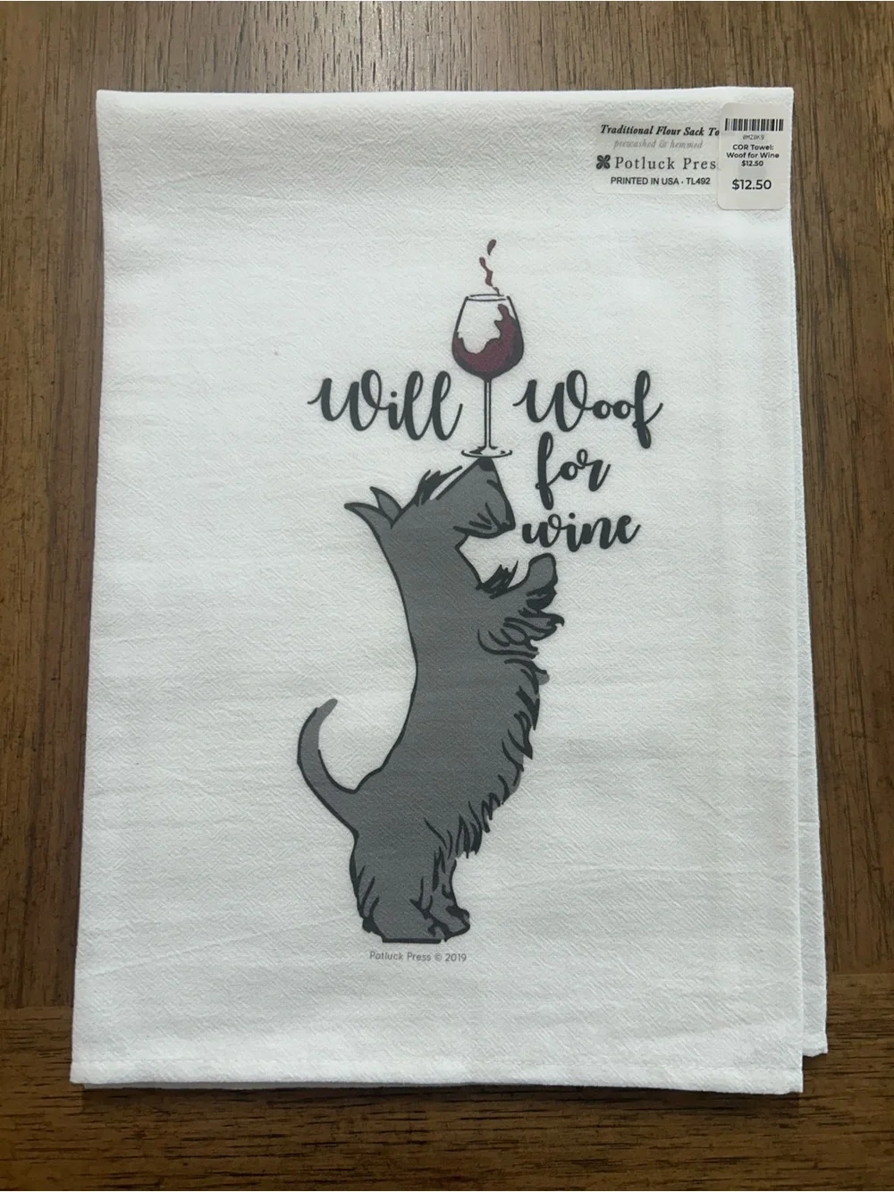 NWT “Will Woof For Wine” Dog Tea Towel - White with Gray and Wine Red