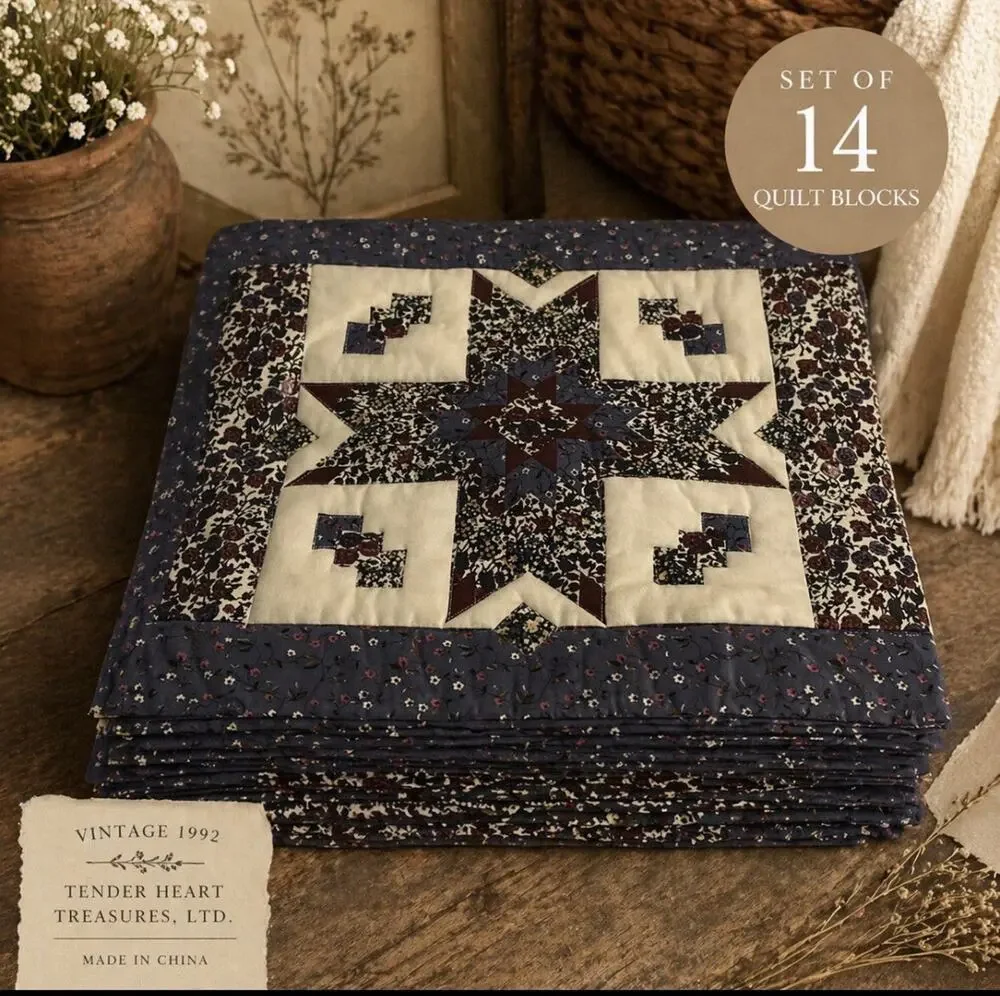 Vtg 1992 Quilt Block Set of 14 Cottage Floral Star Patchwrk Square Craft Project