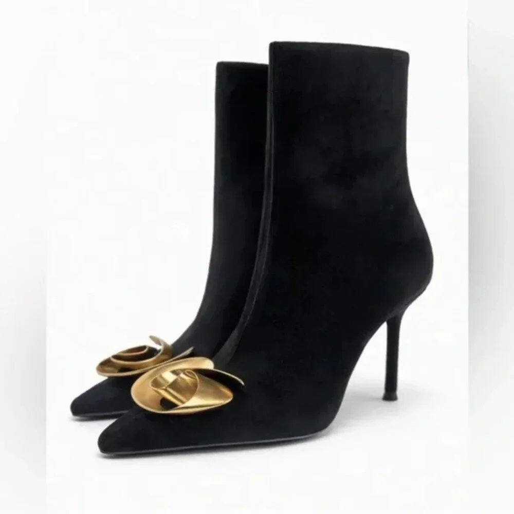 Zara Black Suede Pointed-Toe Ankle Boots with Gold Sculptural Accent