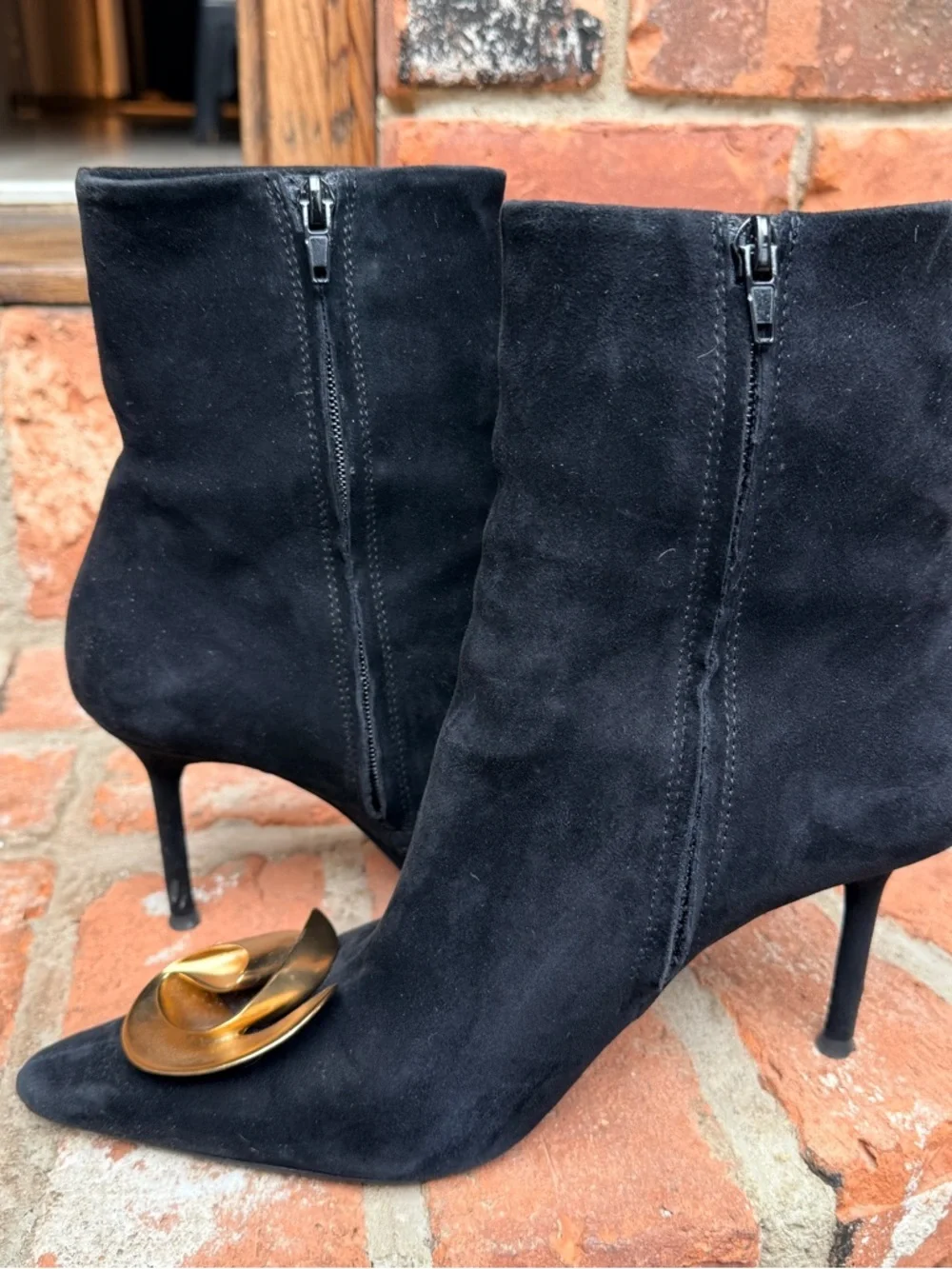 Zara Black Suede Pointed-Toe Ankle Boots with Gold Sculptural Accent