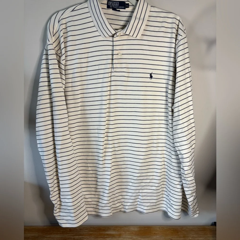 Polo Ralph Lauren cream and Blue Striped Cotton Polo Shirt Mens XL‎