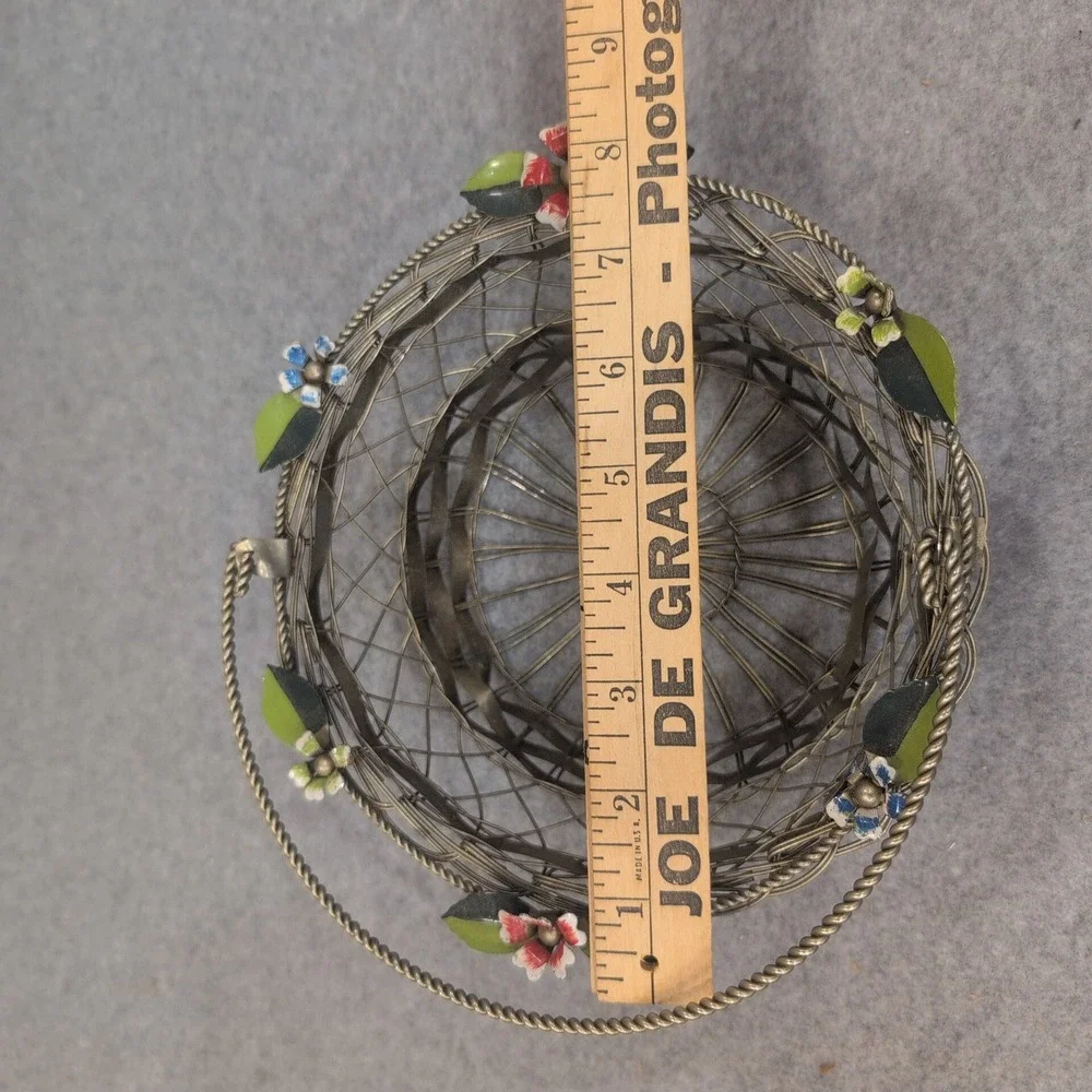 Vintage Silver Tone Woven Wire Basket with Enameled Flowers and Swing Handle