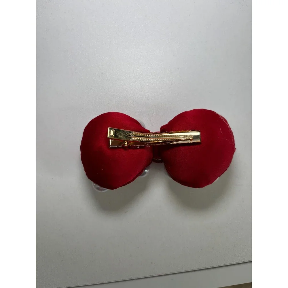 Mouse Red Pearl Polka Dot Bow Hair Clips . 2pc