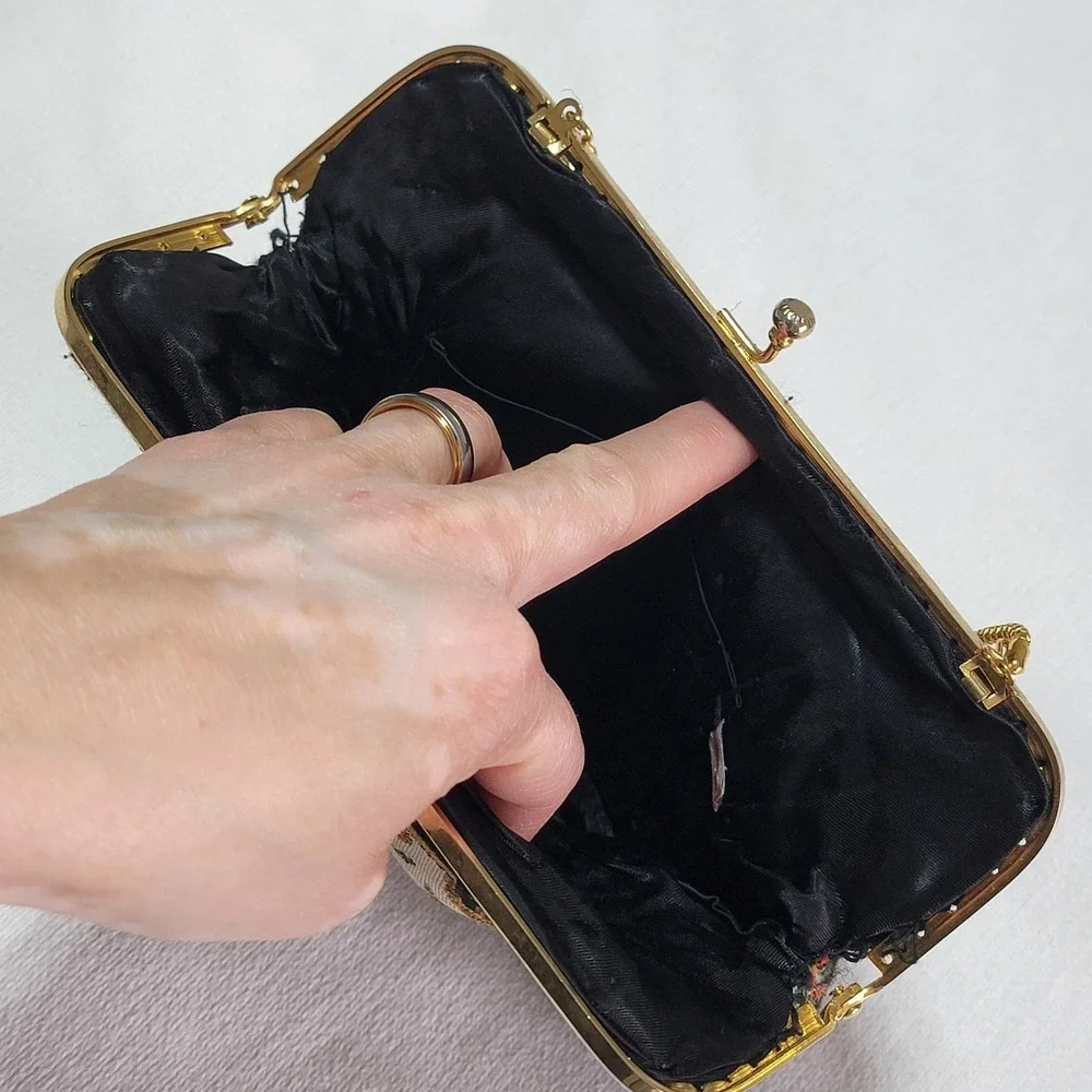Vintage 1950's Floral Tapestry Purse Clutch Bag with Gold Clasp & Chain