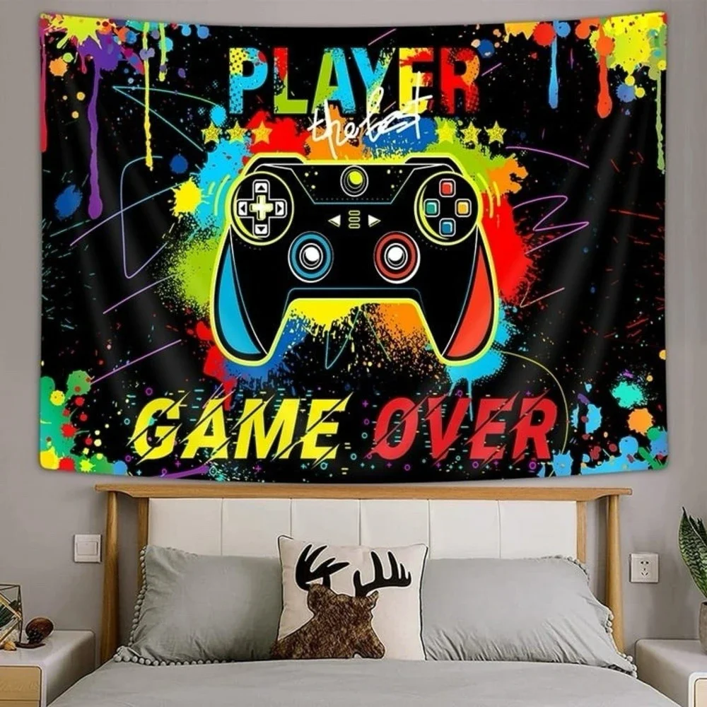 Gamer Wall Tapestry Video Game Controller Neon Paint Splatter Game Over Decor