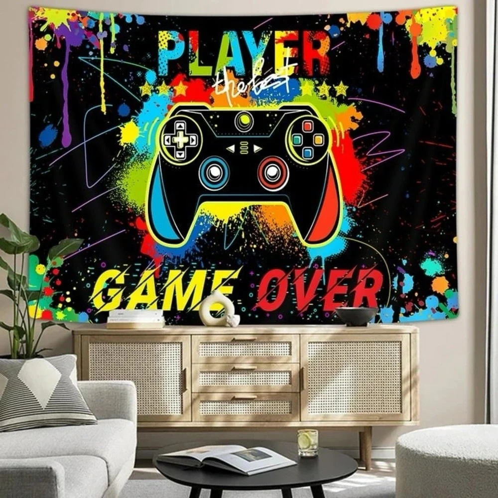 Gamer Wall Tapestry Video Game Controller Neon Paint Splatter Game Over Decor