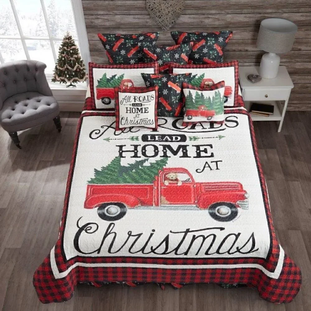 NEW! Farmhouse Old Red Truck Buffalo Plaid Quilt Set Country Christmas Tree Farm