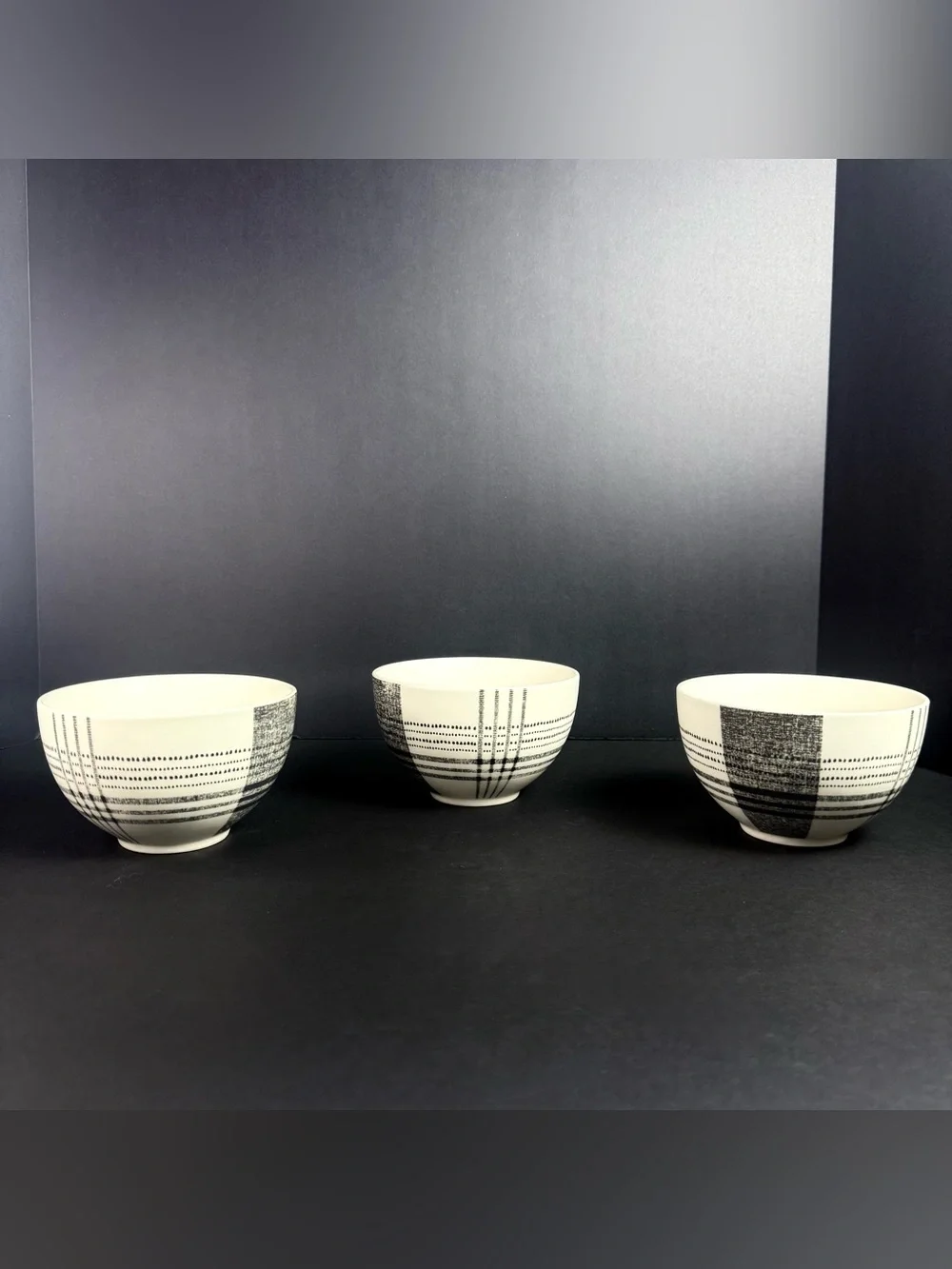 Set Of 3 Retired West Elm Black Original Plaid Cereal Bowls Stoneware