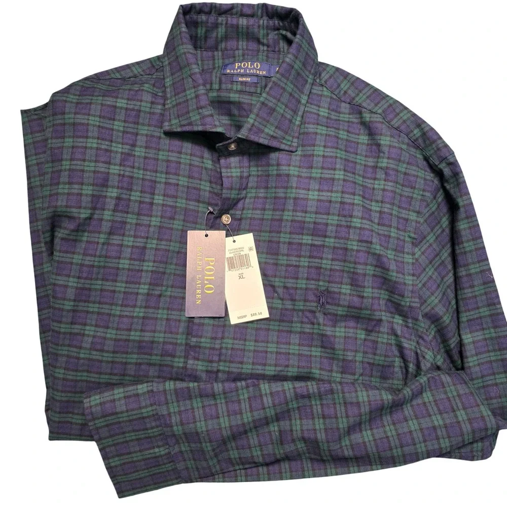Polo Ralph Lauren Mens XL Slim Fit Black Watch Plaid Navy Blue‎ Green Shirt NWT