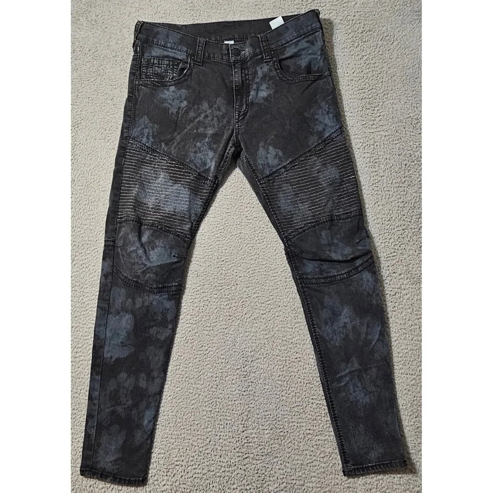 True Religion Jeans Men Moto Blue‎ Camo Relaxed Skinny Textured Size 38 x 33