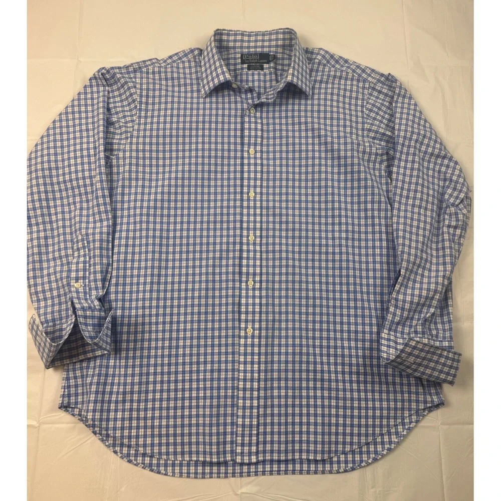 Polo Ralph Lauren Mens 17.5‎ 34/35 Blue White Check Cotton Button Down Shirt