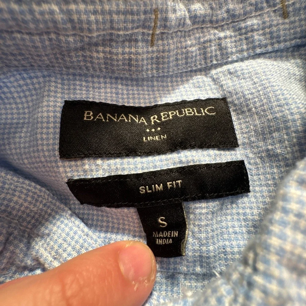 Banana Republic Shirt Mens Small Blue Houndstooth Linen Blend Costal Beach Adult