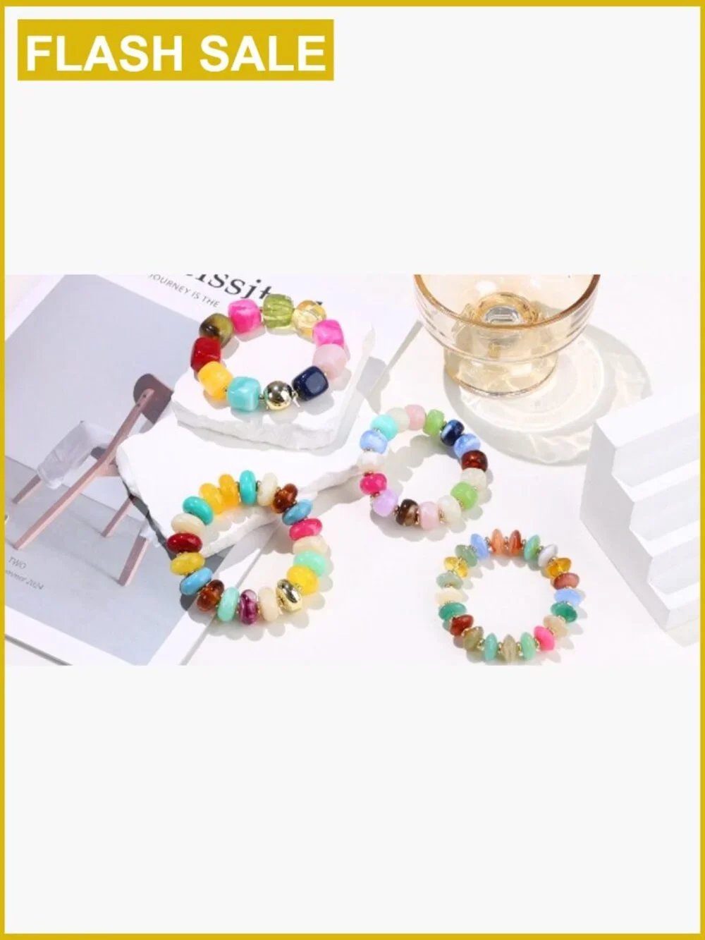 Chunky Beaded Bracelets for Women Set of 4 Boho Stretch